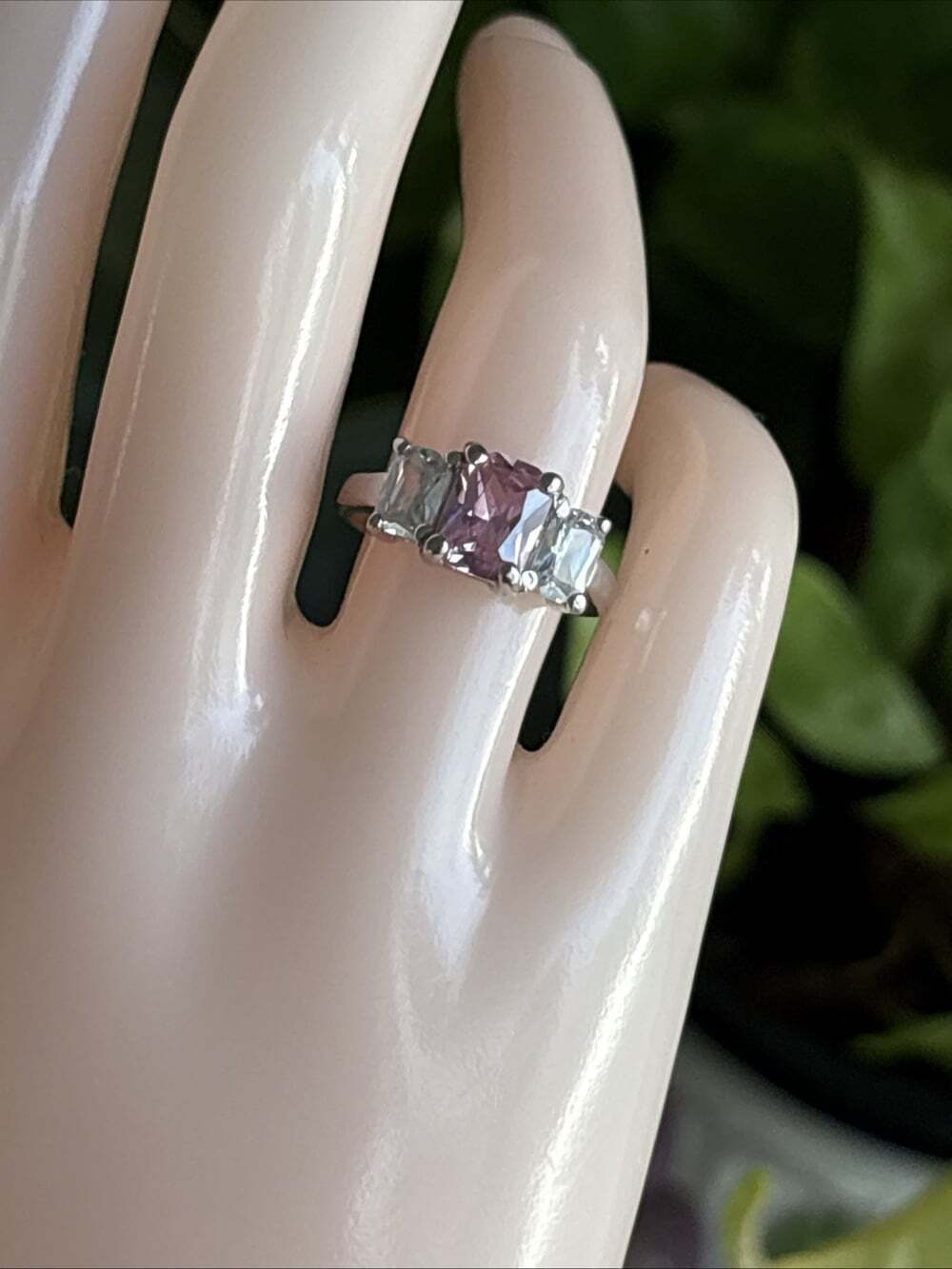 Sterling Silver Three-Stone Pink Center Ring - Elegant Pink Accent - Picture 11 of 13
